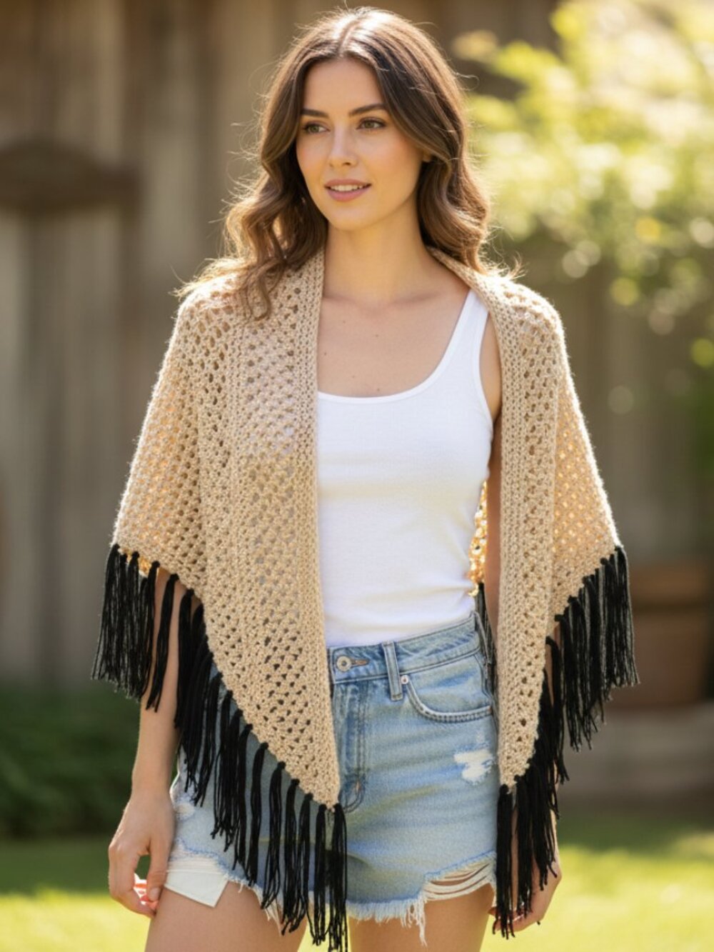 NEW Beige Loose Knit Shawl Wrap Scarf Boho Hippie Cottage Indie Artsy Earthy